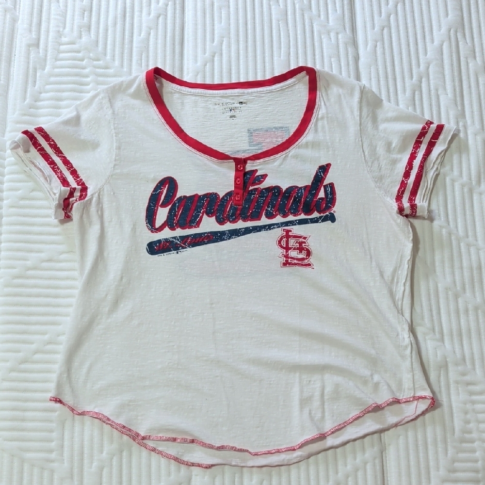 St. Louis Cardinals Ladies' Short Sleeve Henley Tee - White with Red Trim